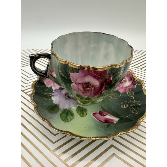 Emerald Green And Pink Roses Saucer And Teacup Set Heritage Rose - Picture 3 of 6